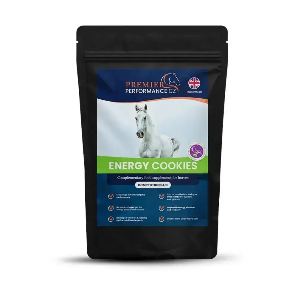Black resealable pouch of premier performance energy cookies horse supplement to support energy delivery