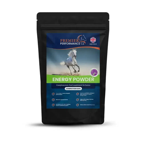 Black resealable pouch of premier performance energy performance energy powder with vibrant white horse label to support energy levels