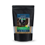 Black resealable pouch of premier performance fibre hydration mash with transparent window showing golden-brown granules