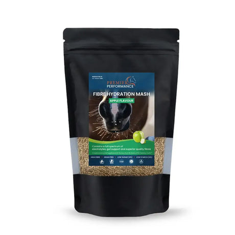 Black resealable pouch of premier performance fibre hydration mash with transparent window showing golden-brown granules