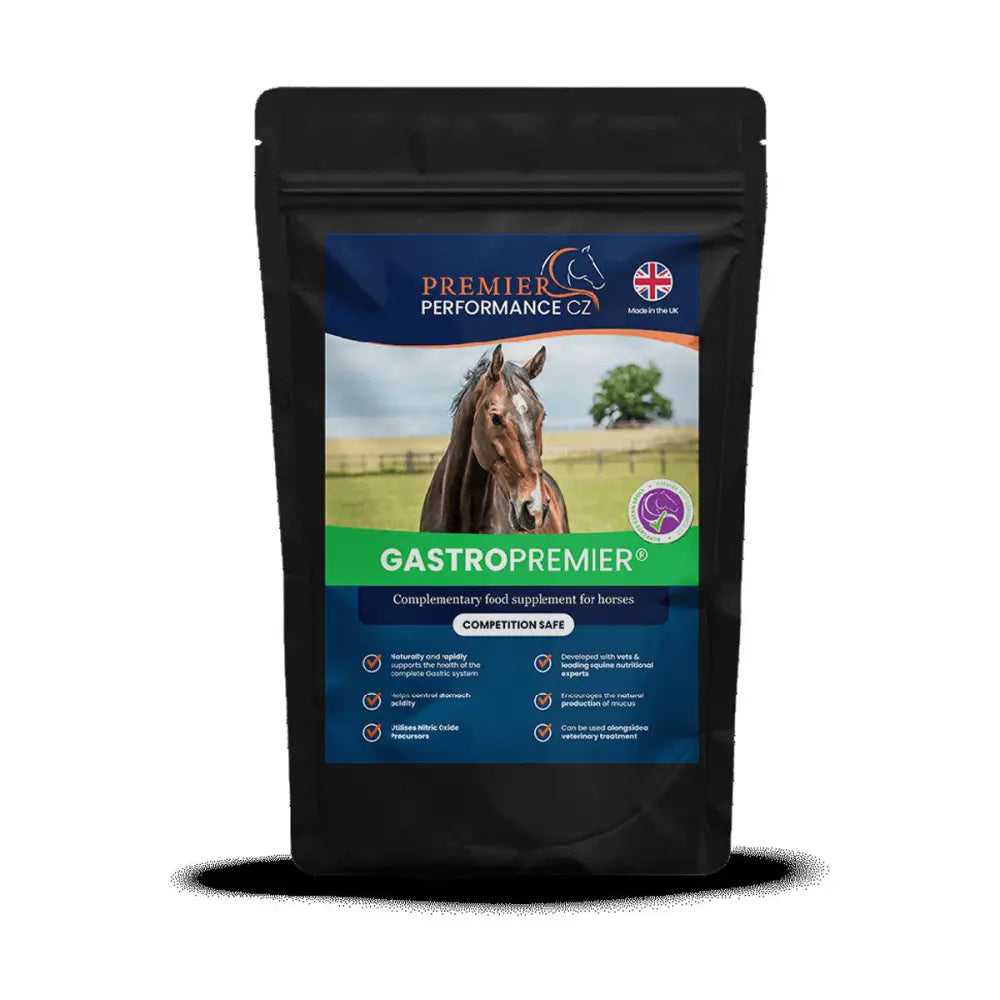 Black resealable pouch of premier performance gastropremier offers horse a complete gastric food supplement