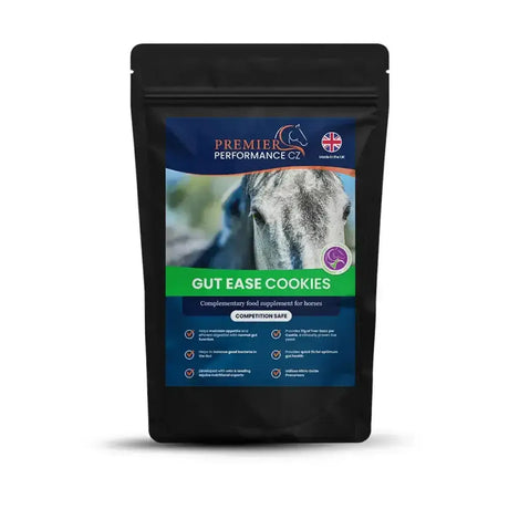 Black resealable pouch of premier performance gut ease cookies for horse digestive health and competition-safe supplement