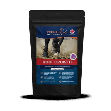 Black resealable pouch of premier performance hoof growth supplement for horses supporting healthy hoof growth