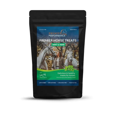 Black resealable pouch of premier performance horse treats with vibrant label highlighting palm oil free sweet-smelling peppermint oil horse treats