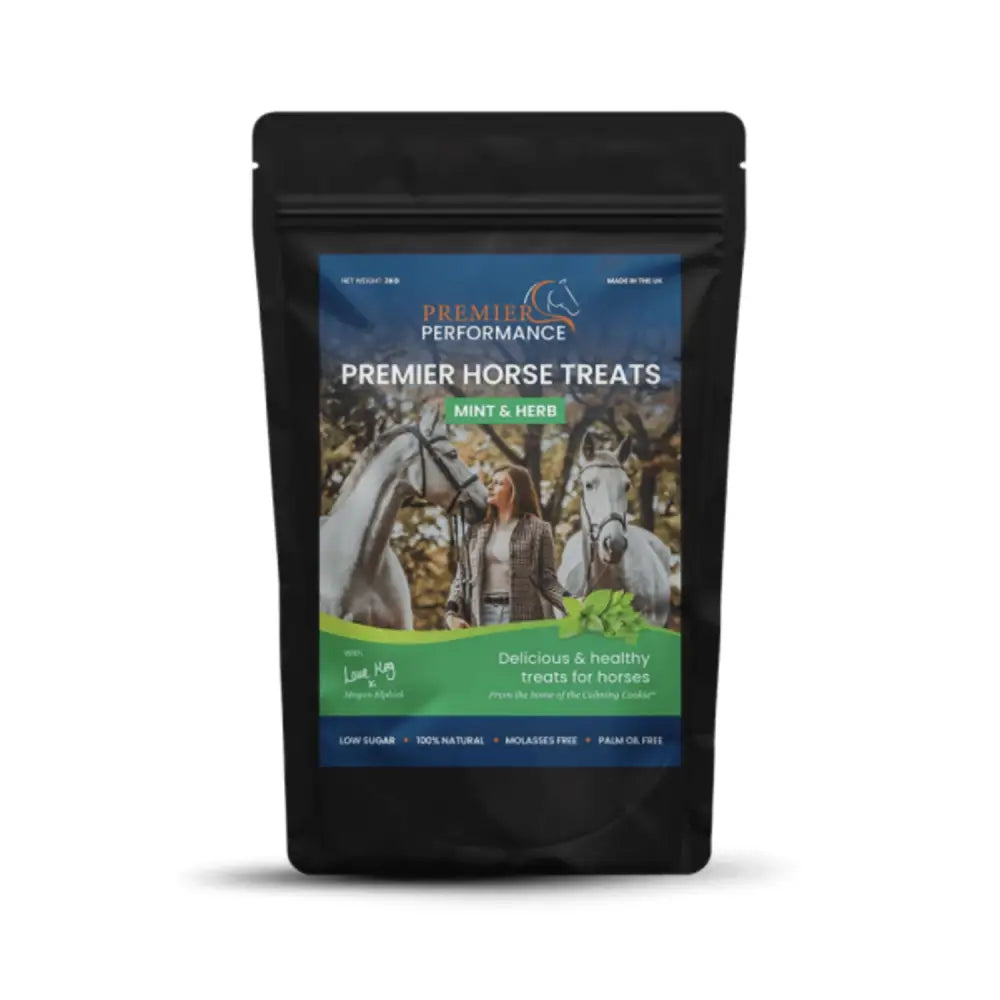 Black resealable pouch of premier performance mint and herb premier horse treats for rewarding your horse