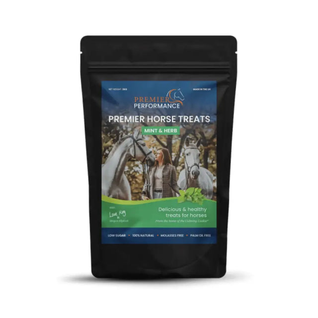 Black resealable pouch of premier performance mint and herb premier horse treats for rewarding your horse
