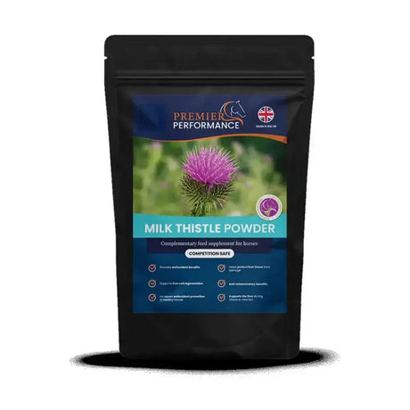 Black resealable pouch of premier performance milk thistle powder for horses with vibrant purple silybum marianum image