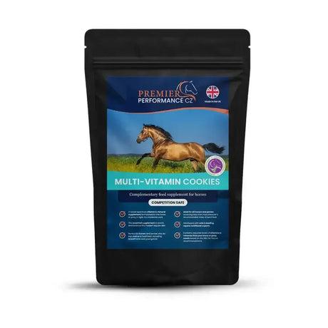 Black resealable pouch of premier performance multi vitamin cookies for horses with golden horse in green field promoting horse’s health