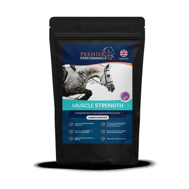 Black resealable pouch of premier performance muscle strength supplement for horses strong everyday support