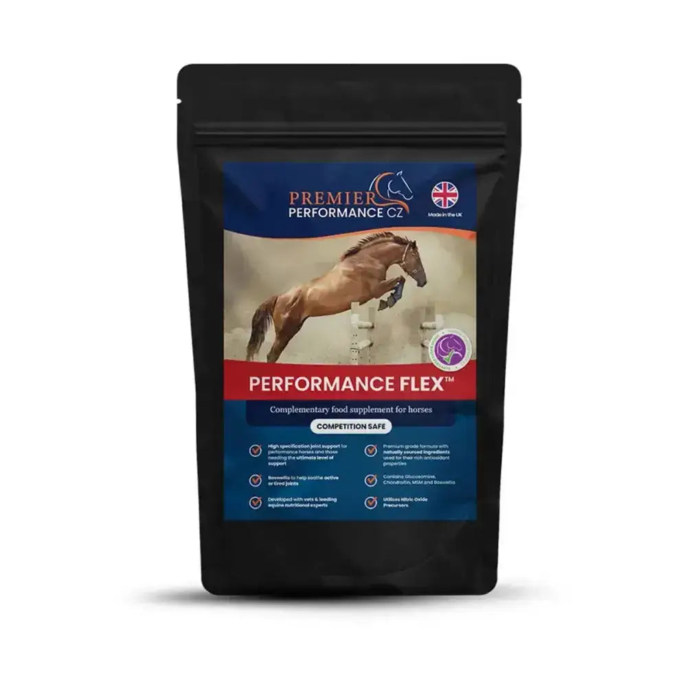 Black resealable pouch of premier performance performanceflex supplement supporting joint structure for horses