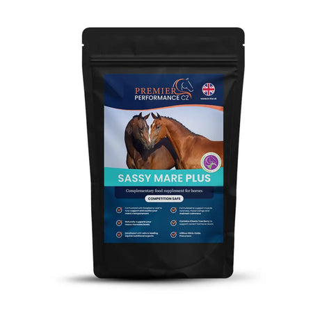 Black resealable pouch of premier performance sassy mare cookies competition safe complementary food supplement