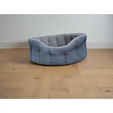 Blue orkney tweed fleece lined bolster bed with plush gray sherpa fleece lining for cozy pet comfort