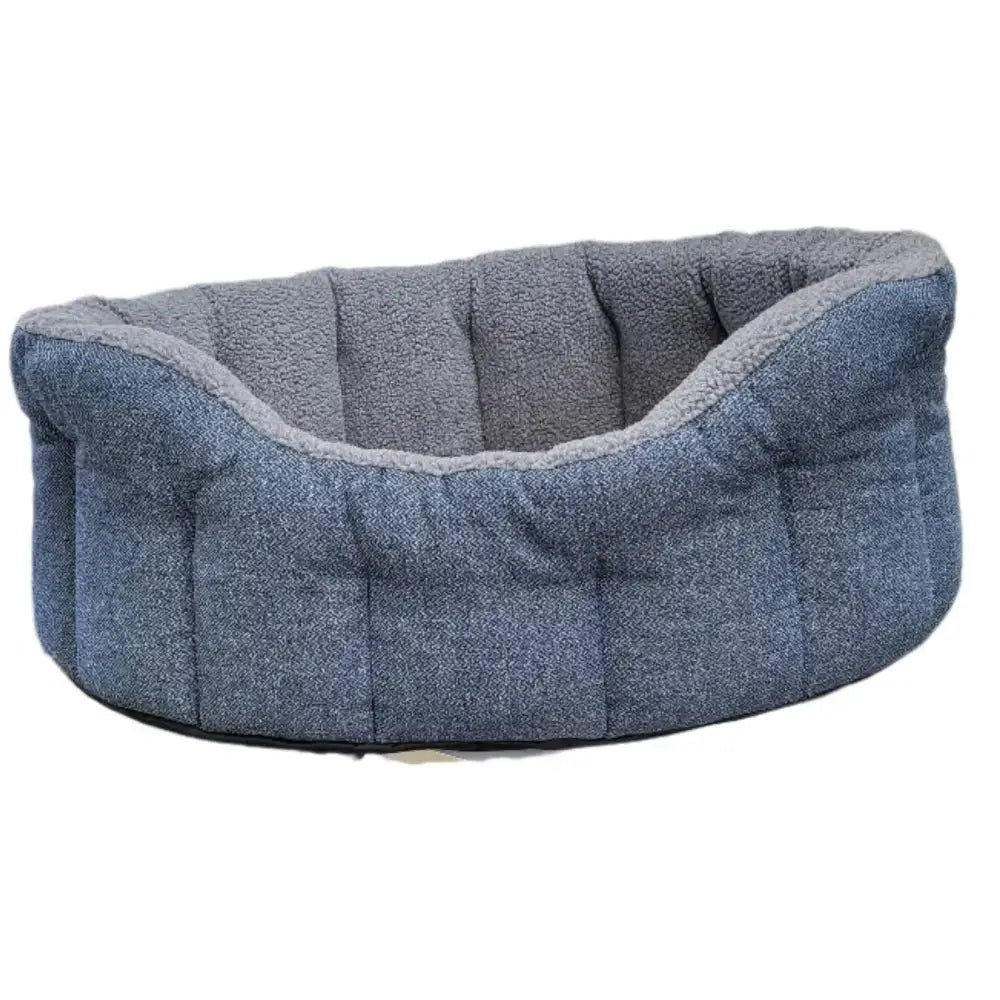 Blue denim orkney tweed fleece lined bolster bed with plush quilted exterior and soft sherpa fleece lining