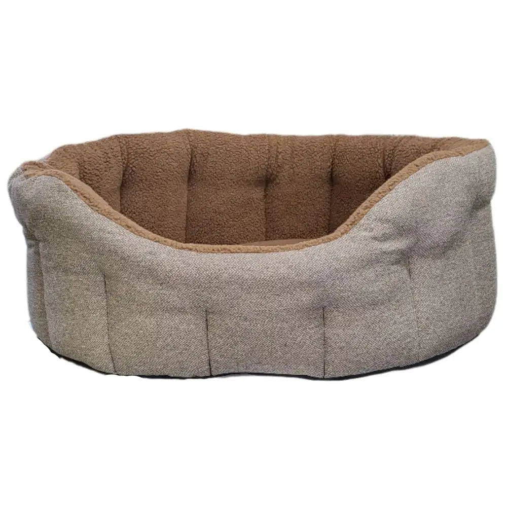 Cozy tufted dog bed with gray orkney tweed fleece exterior and plush brown sherpa fleece lining in lined bolster beds style