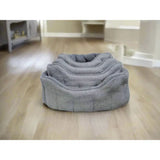 Gray plush multi-tiered lined bolster bed with orkney tweed fleece and soft sherpa fleece lining for pets