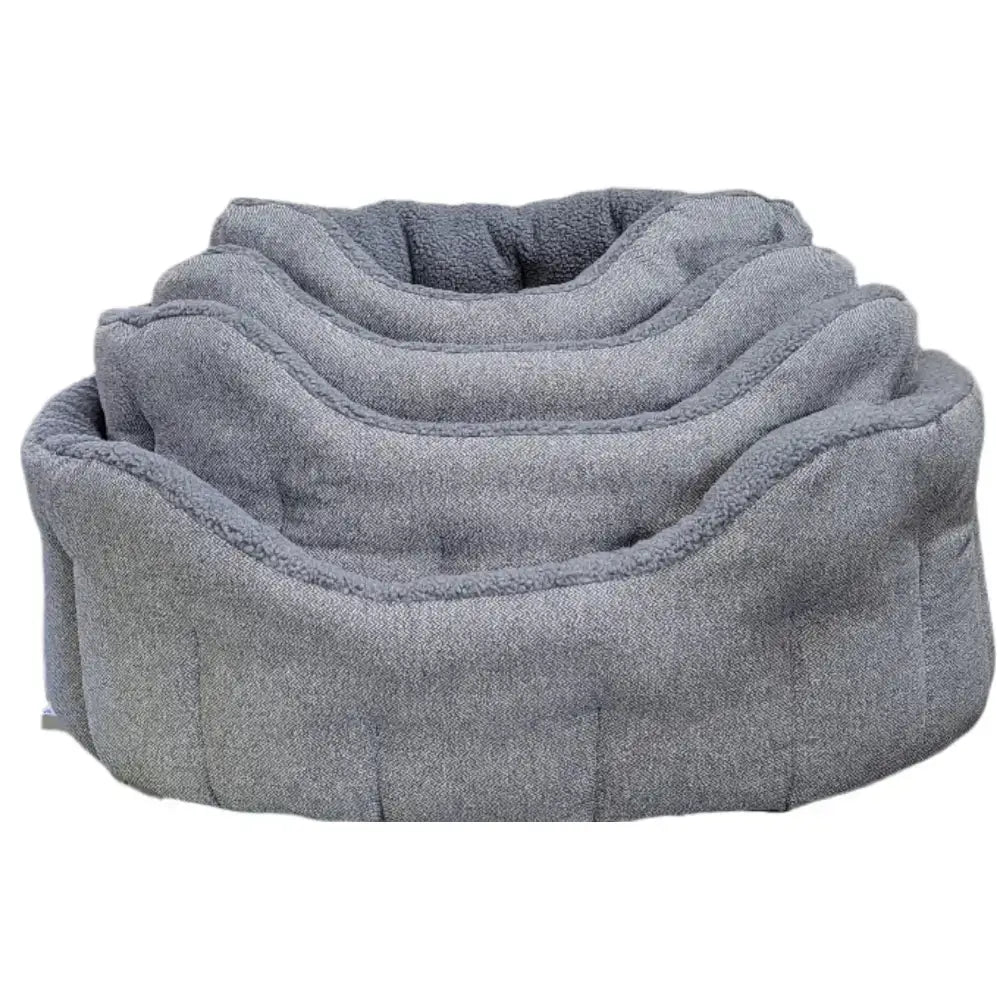 Gray plush lined bolster bed with soft orkney tweed fleece and sherpa fleece lining for cozy pet comfort