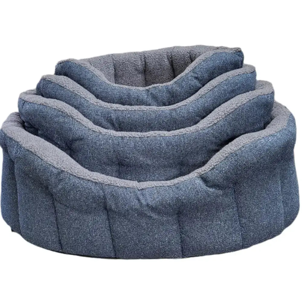 Set of three nested plush blue denim orkney tweed fleece lined bolster beds with soft sherpa fleece lining