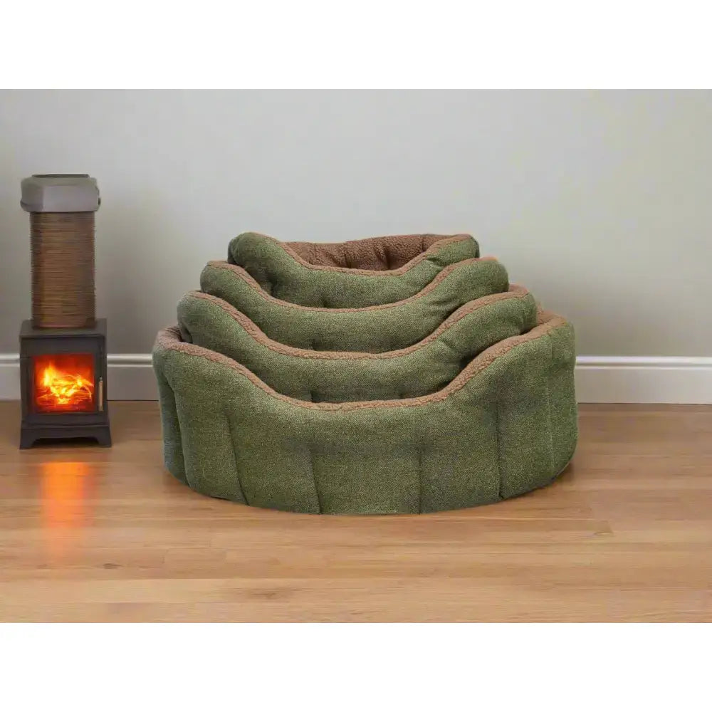 Stacked green and brown premium orkney tweed fleece lined bolster beds with quilted exterior and sherpa fleece lining