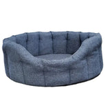 Blue textured premium orkney tweed oval beds with cushioned rounded design and a 7cm base for cozy pets