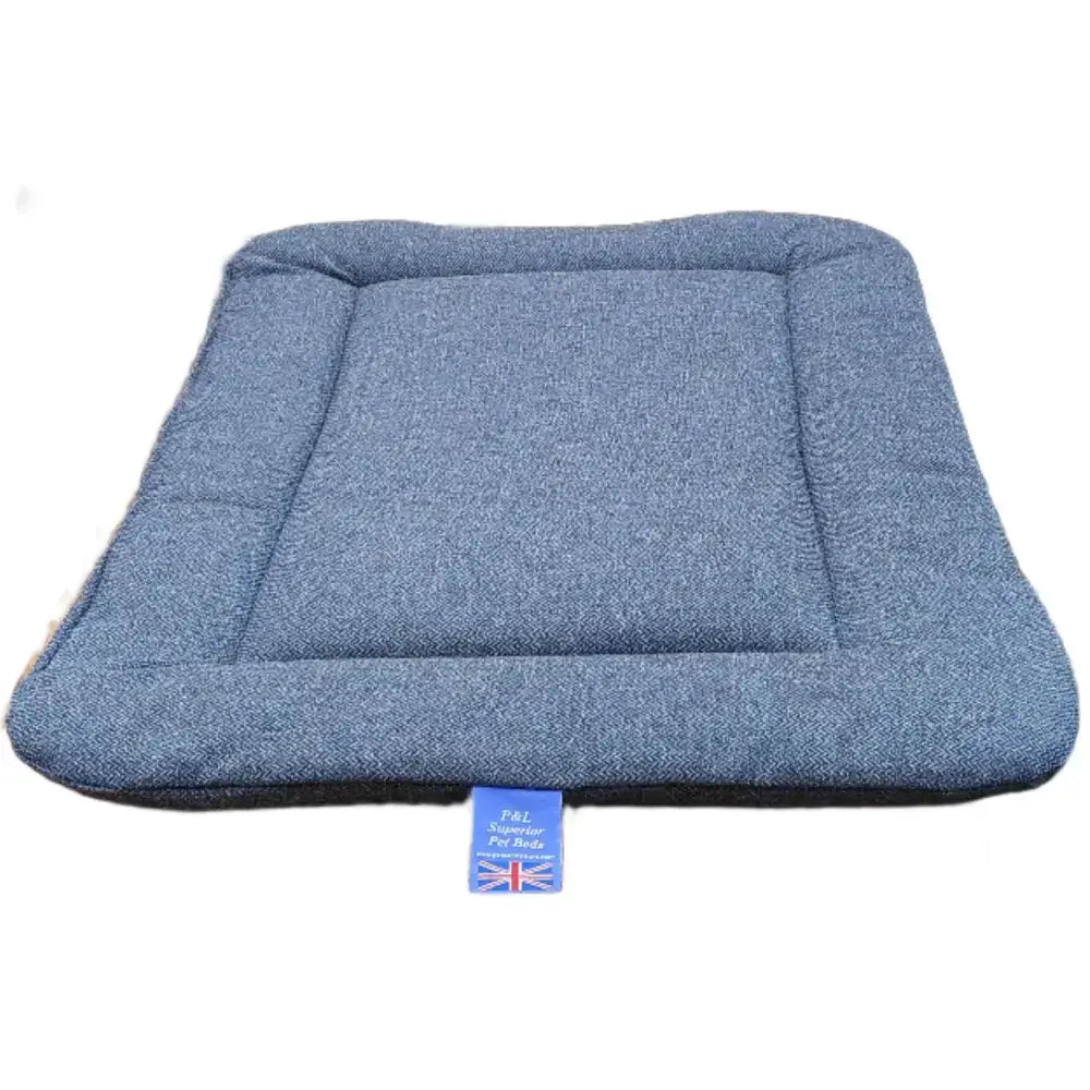 Blue textured quilted premium orkney tweed rectangular pet bed with uk flag tag by p&l country dog beds