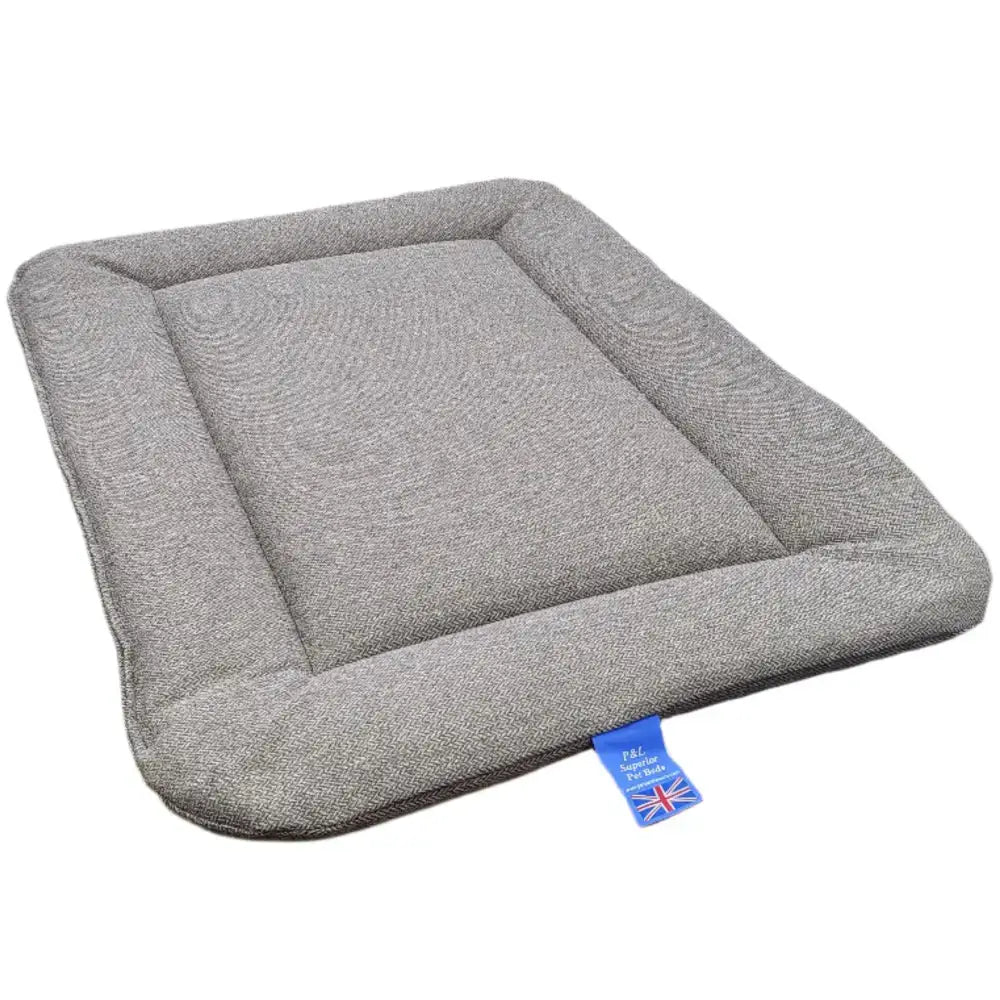 Gray textured cushioned premium orkney tweed rectangular pet bed with raised border from p and l country dog beds