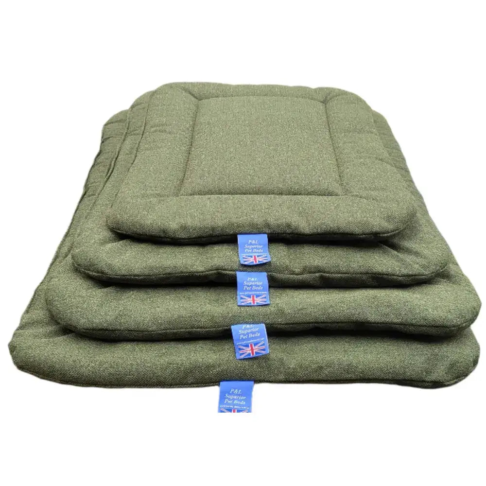Olive green quilted orkney tweed rectangular pet bed with textured fabric and stitched panels from p&l country dog beds