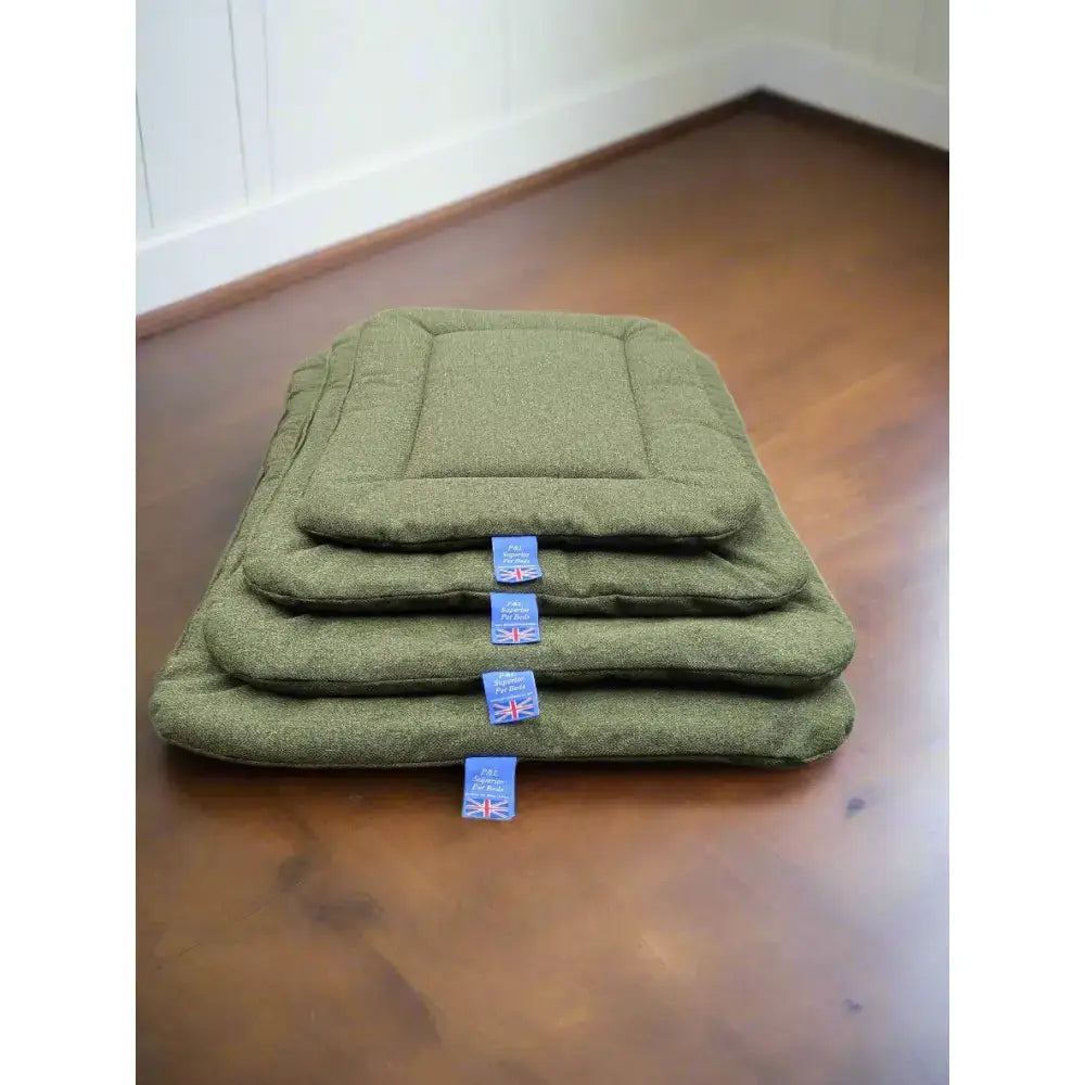 Stacked olive green woolen premium orkney tweed rectangular pads with stitched edges for country dog beds by p&l