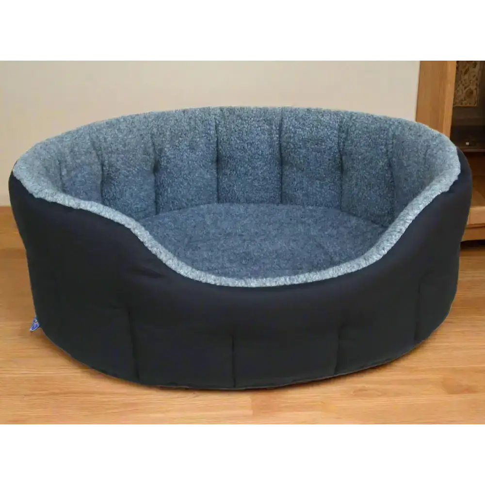 Premium Oval Bolster Style Heavy Duty Fleece Lined Machine Washable Dog Bed Intermediate L51cm X W41cm X H20cm Black with Silver Fleece Lining Dog Beds