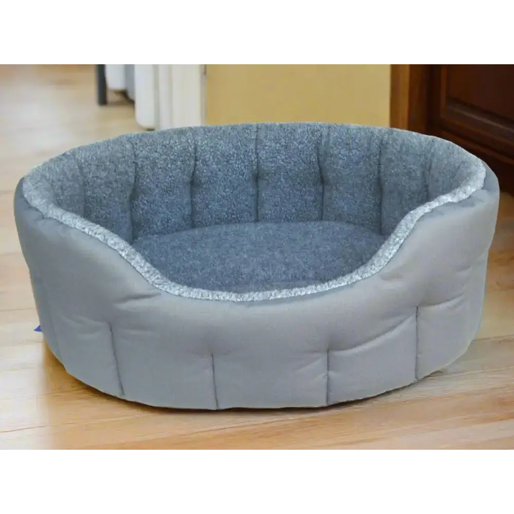 Premium Oval Bolster Style Heavy Duty Fleece Lined Machine Washable Dog Bed Intermediate L51cm X W41cm X H20cm Grey with Silver Fleece Lining Dog Beds