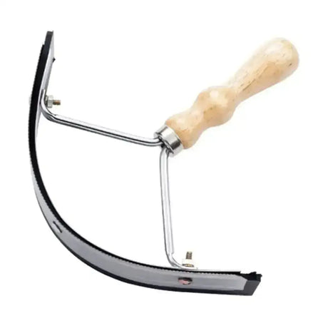 Premium quality sweat scraper with a curved metal blade and light wooden handle for easy grooming use