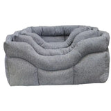 Gray plush cushioned pet bed with cozy raised rim in premium rectangular high orkney tweed beds with 8cm base