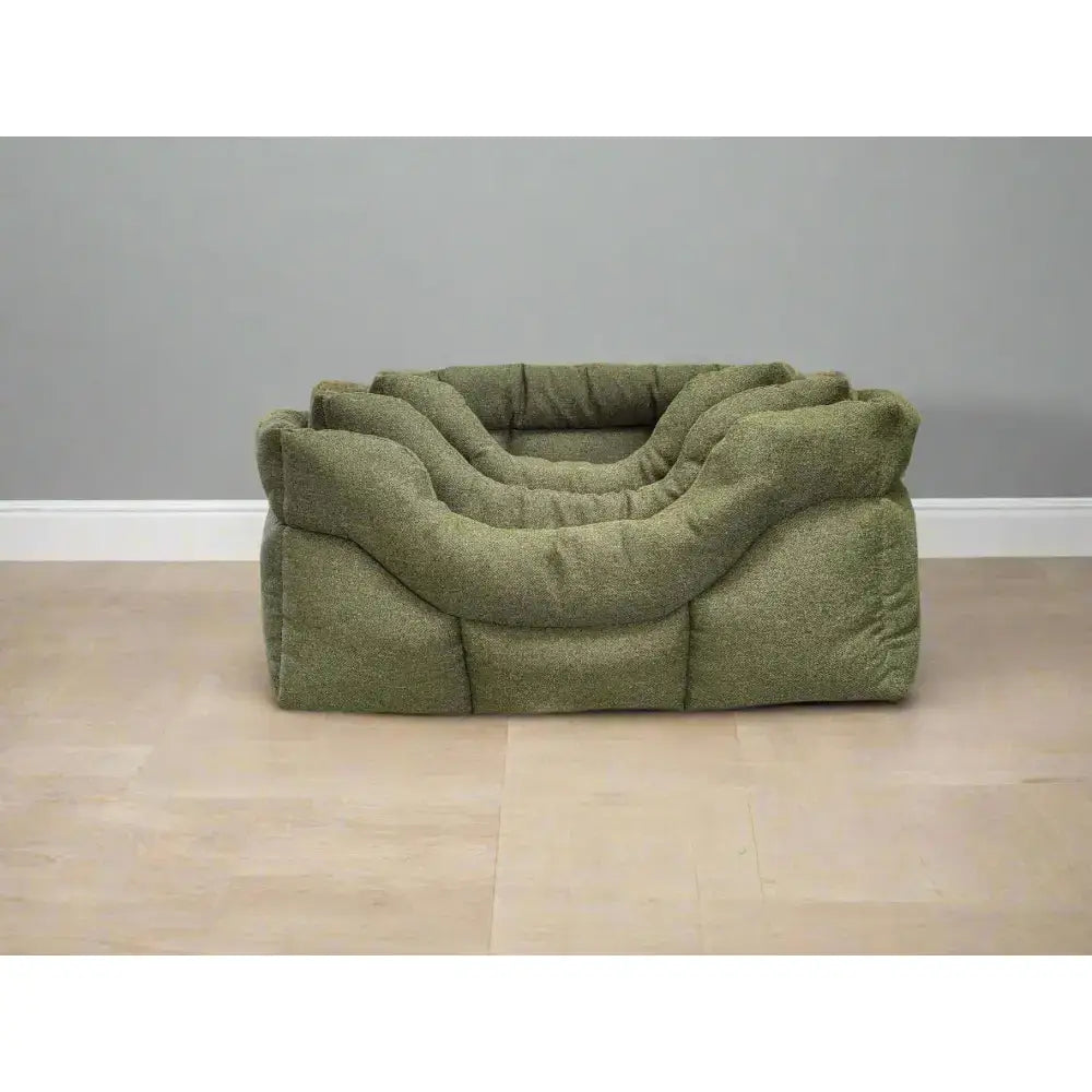 Olive green plush orkney tweed beds with premium rectangular high sides and soft fabric on an 8cm base