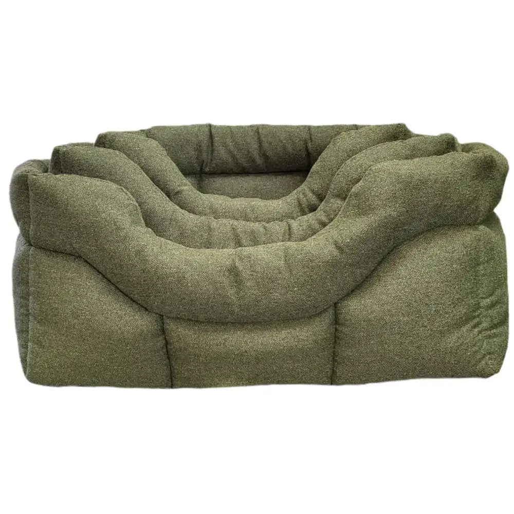 Olive green plush premium rectangular high orkney tweed bed with soft textured fabric and 8cm cushioned base