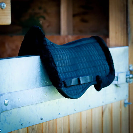 Blue saddle pad over a stable door, showcasing the Prestige Fully Lined Half Saddle Pad