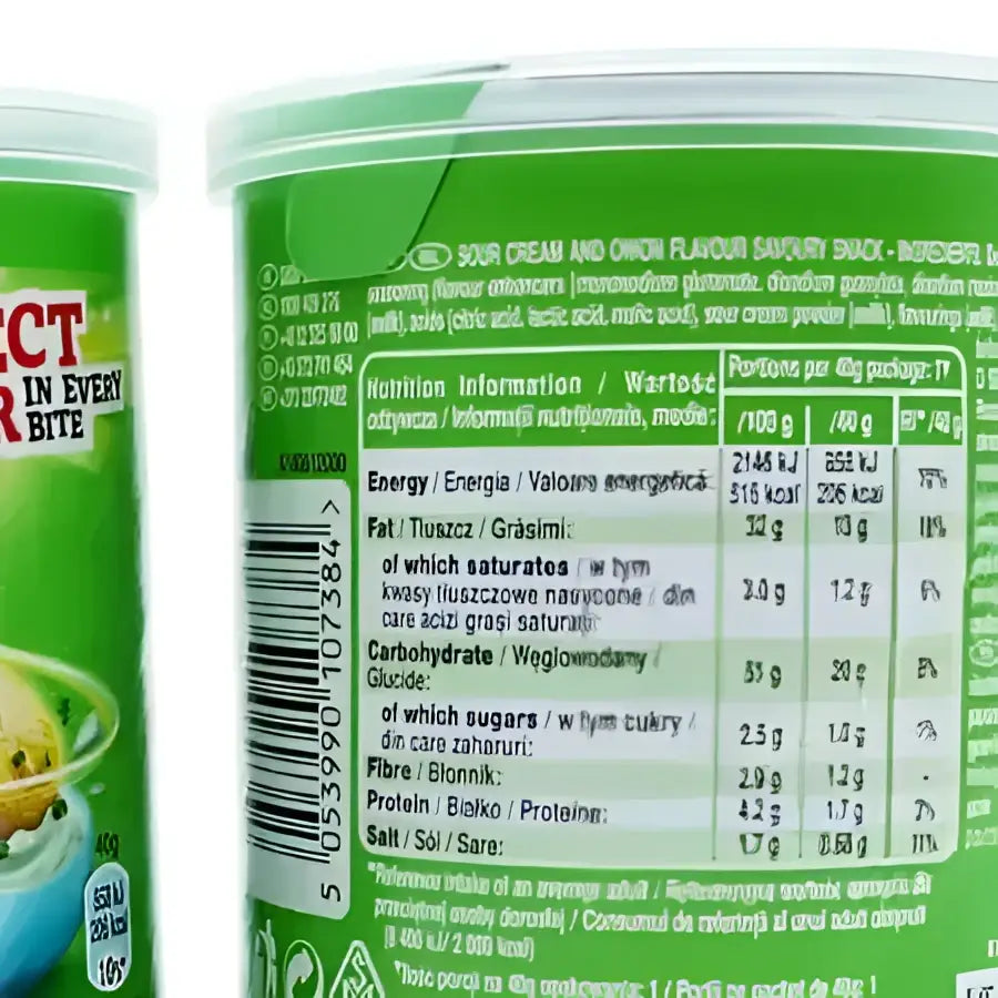 Green cylindrical container of pringles crisps sour cream and onion 40g perfect for tuck shop snacks