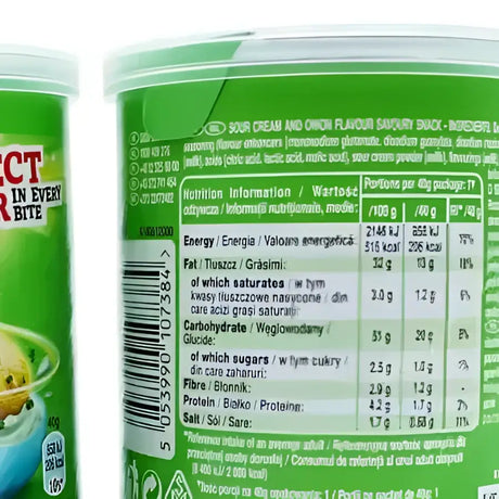 Green cylindrical container of pringles crisps sour cream and onion 40g perfect for tuck shop snacks