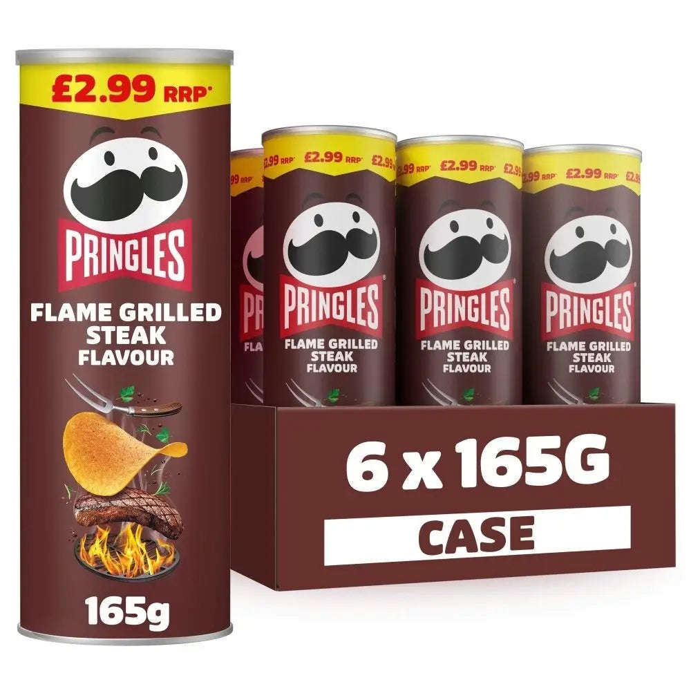 Six-pack of pringles flame grilled steak flavor potato crisps in brown cans with mustachioed logo and yellow price label
