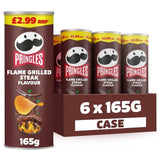 Six-pack of pringles flame grilled steak flavor potato crisps in brown cans with mustachioed logo and yellow price label