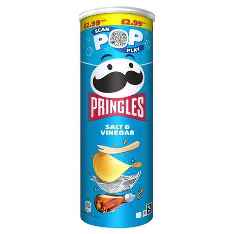 Blue cylindrical pringles salt and vinegar 165g can with white lid and iconic mustachioed logo perfect for equestrian snacks