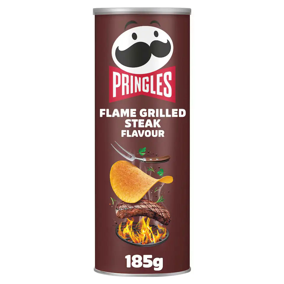 A pringles tube snacks can of flame grilled steak flavour crisps with a dark brown label and steak illustration