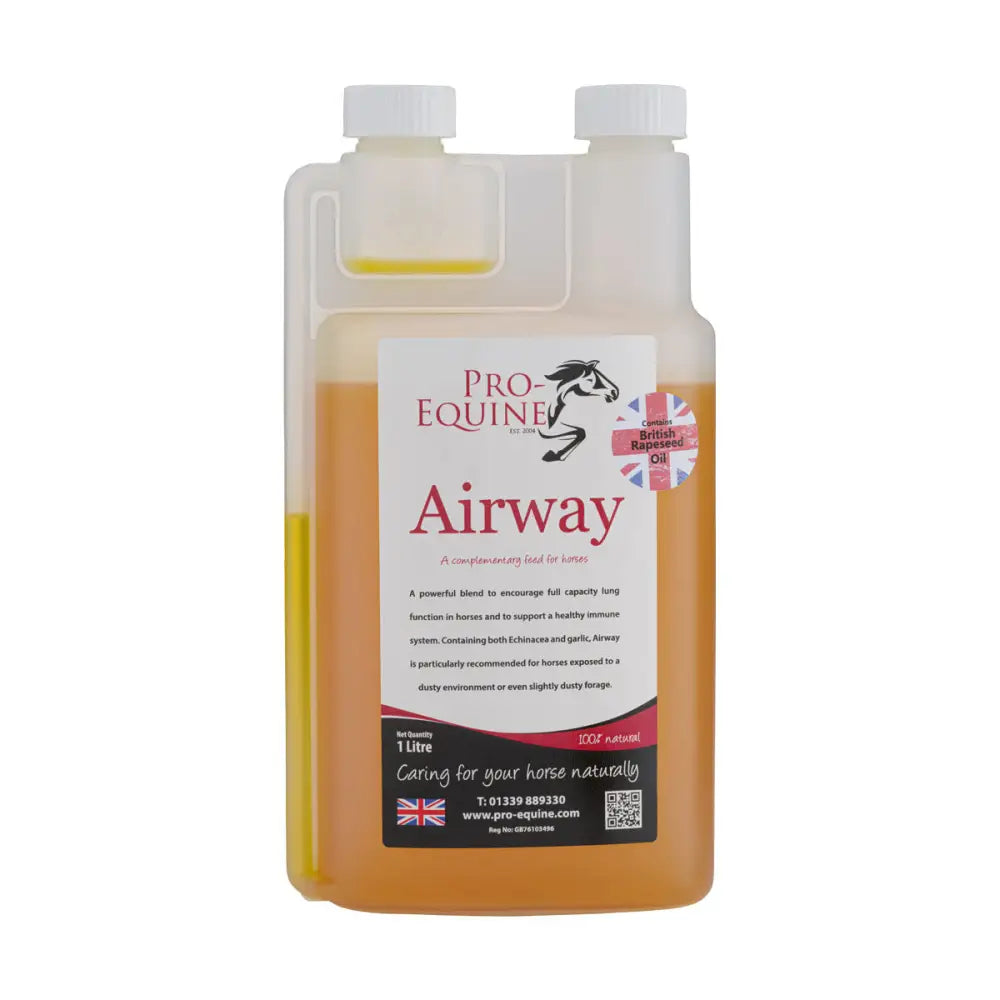 A 1 litre bottle of amber-colored pro-equine airway powerful respiratory supplement to tackle irritated airway in horses