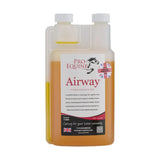 A 1 litre bottle of amber-colored pro-equine airway powerful respiratory supplement to tackle irritated airway in horses