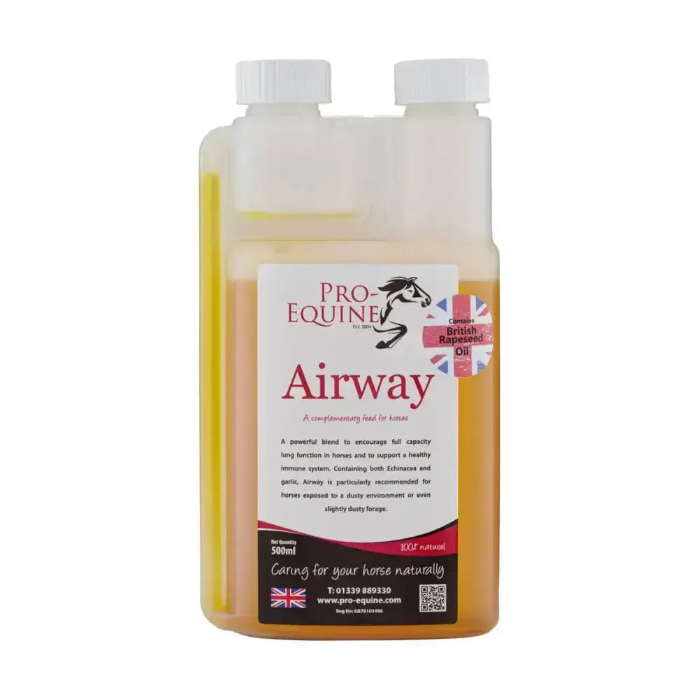 A 500ml transparent plastic bottle of pro-equine airway with yellowish liquid and white caps for powerful respiratory supplement to tackle irritated airway