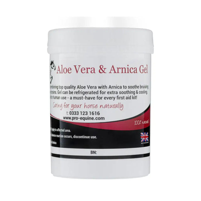 White cylindrical container of pro-equine aloe vera soft tissue trauma gel with red black label and pink white text