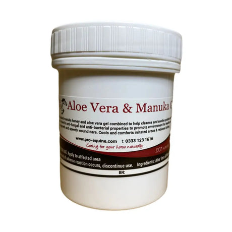 White plastic jar of pro-equine aloe vera and zealand manuka honey gel with ribbed lid to soothe problem skin on horses