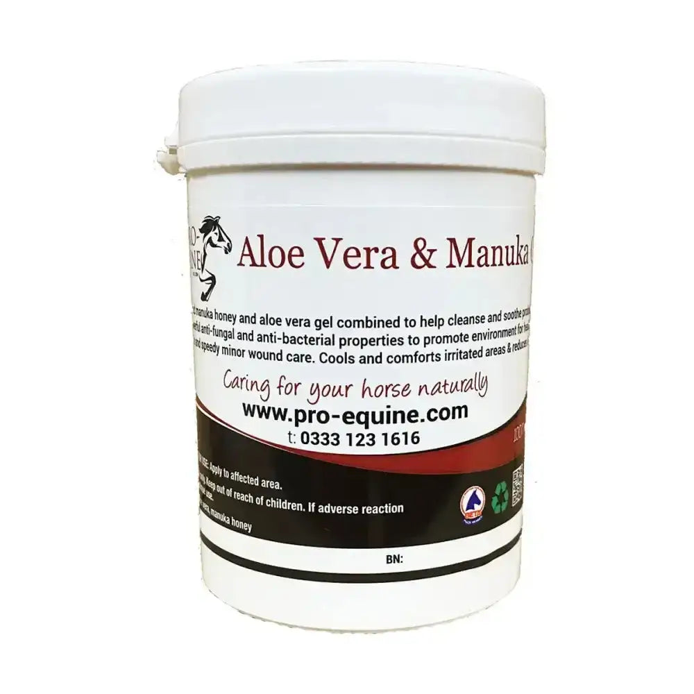 White plastic tub of pro-equine aloe vera and zealand manuka honey gel to soothe problem skin with red black and brown text