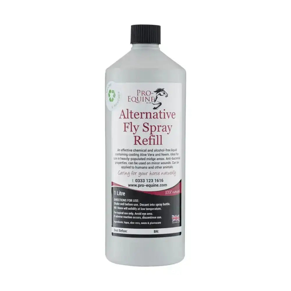 Clear plastic pro-equine alternative fly spray refill bottle with black cap for effective horse care alternative fly spray