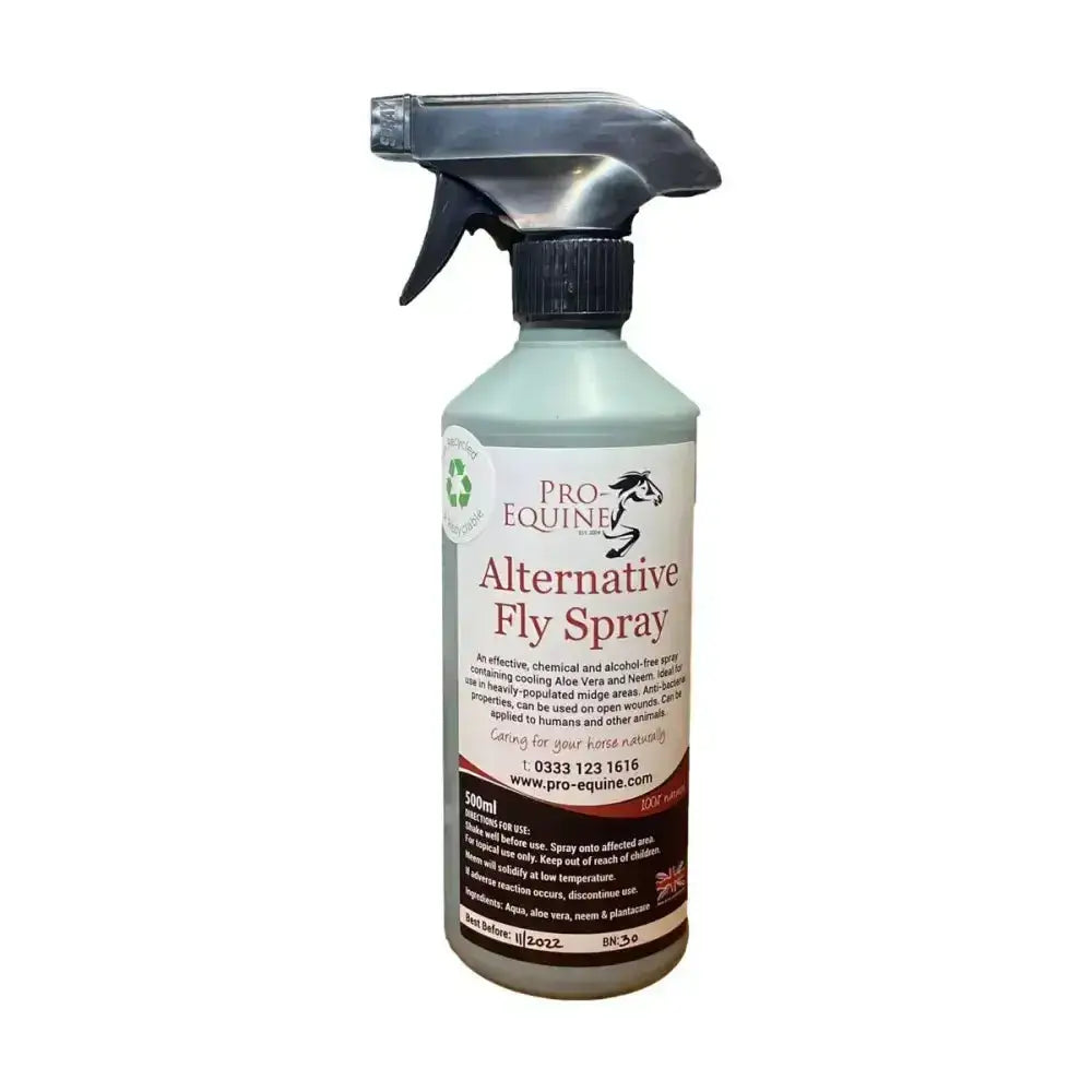 A 500ml transparent spray bottle with a black trigger labeled pro equine alternative fly spray for horse care