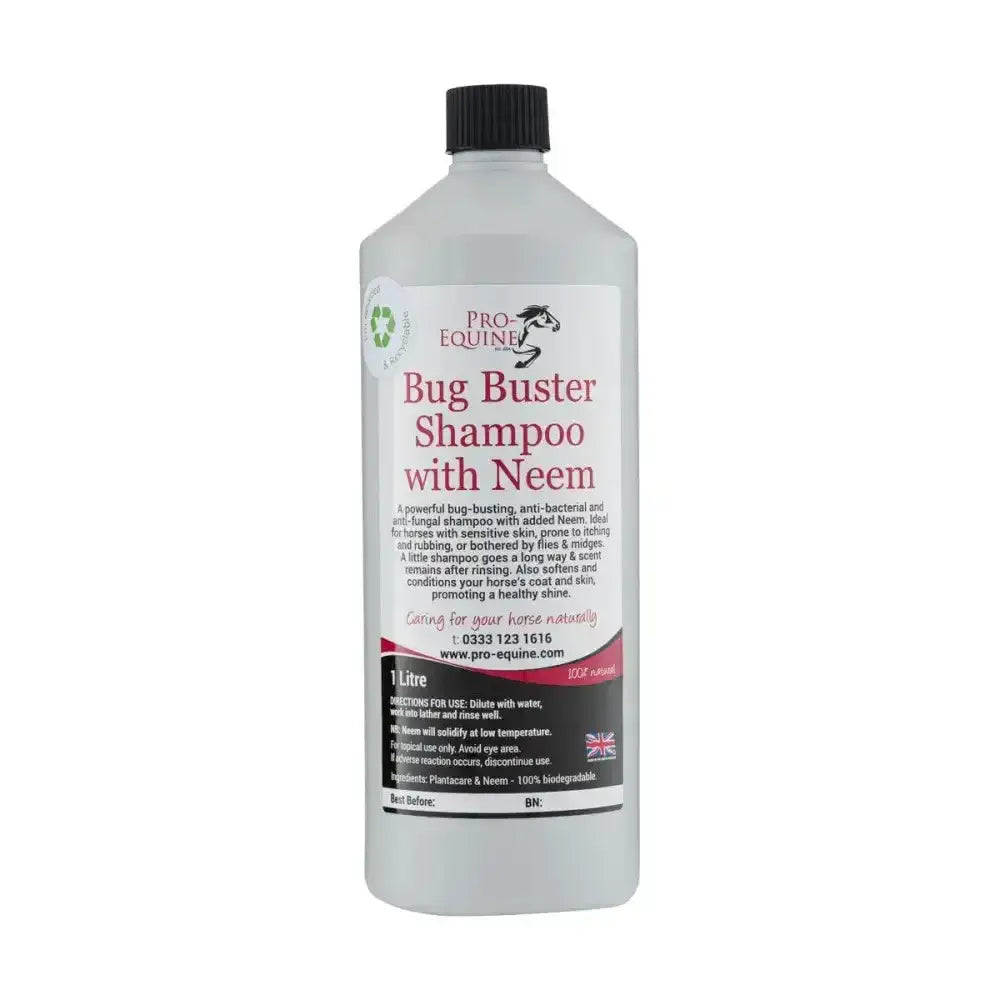 Clear plastic bottle with black cap pro-equine bug buster neem anti-fungal shampoo with white label and red text