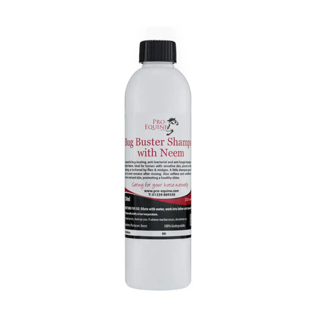 White plastic bottle with black cap pro-equine bug buster neem anti-fungal shampoo for horses